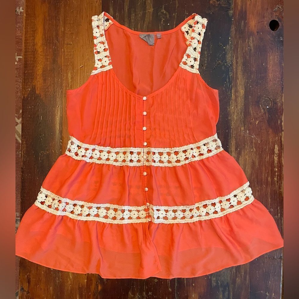 Anthropologie Coral Tank Top with Cream Crochet Trim
